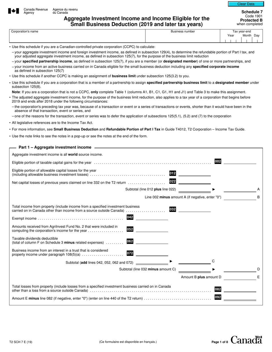 Form T2 Schedule 7 Aggregate Investment Income and Income Eligible for the Small Business Deduction (2019 and Later Tax Years) - Canada, Page 1