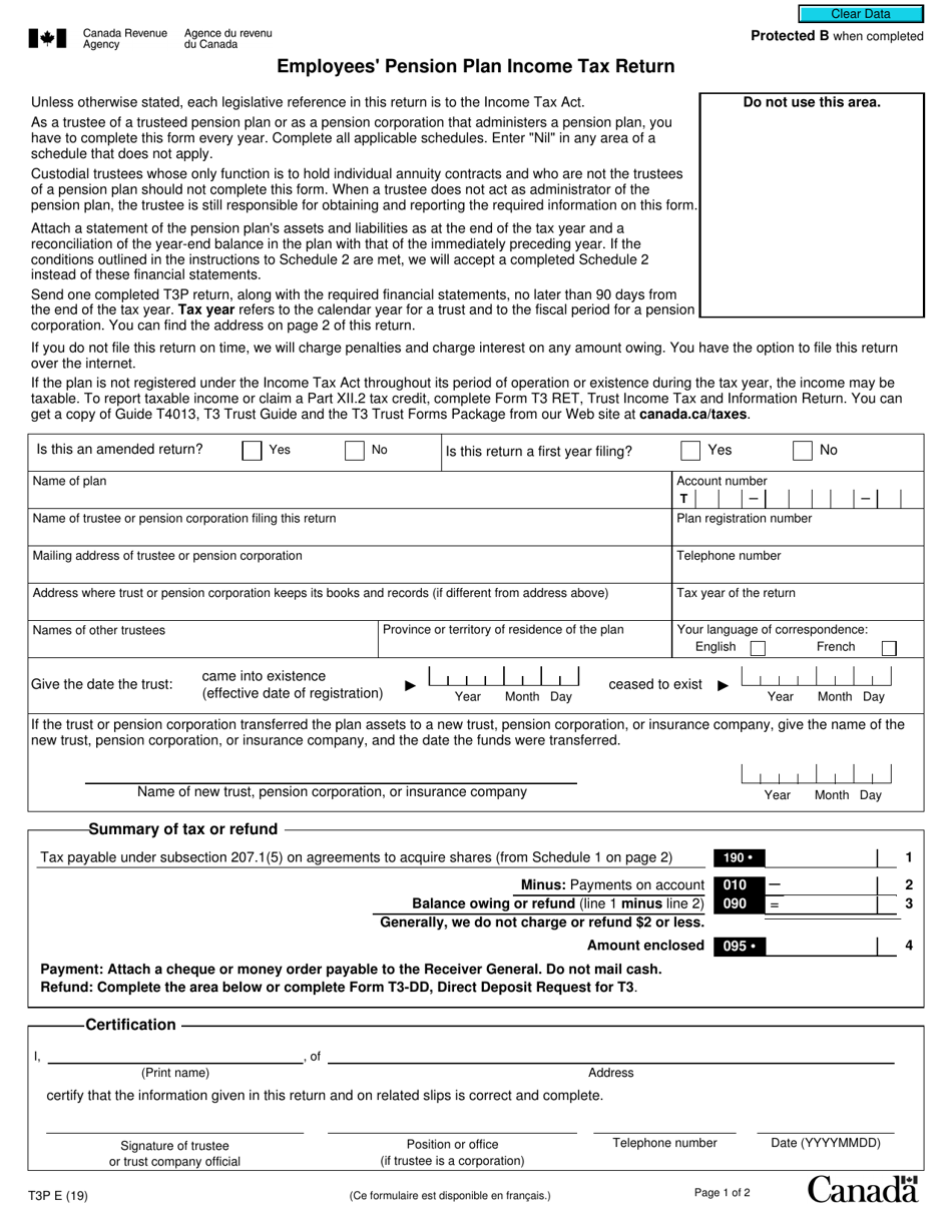 Form T3P Employees Pension Plan Income Tax Return - Canada, Page 1