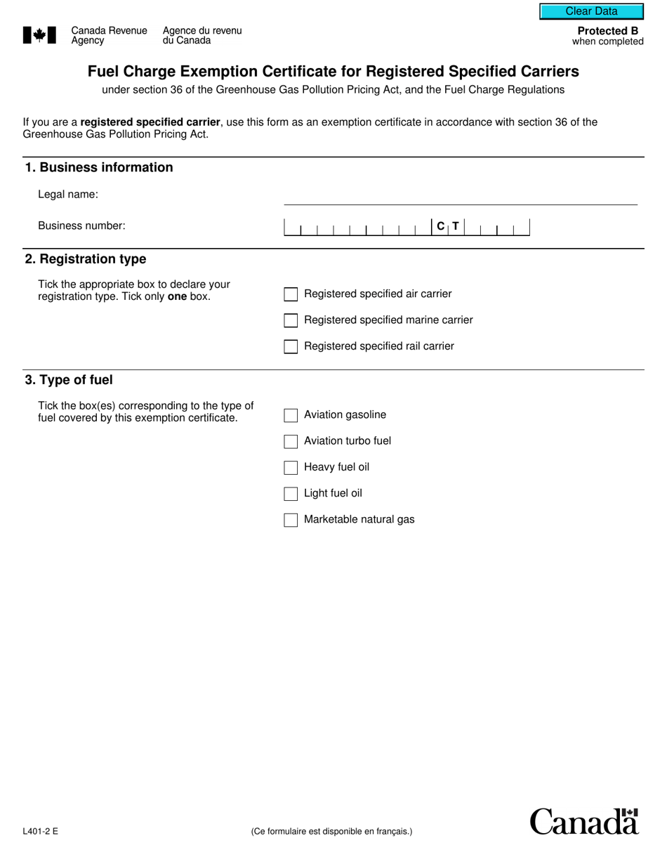 Form L401-2 Fuel Charge Exemption Certificate for Registered Specified Carriers - Canada, Page 1