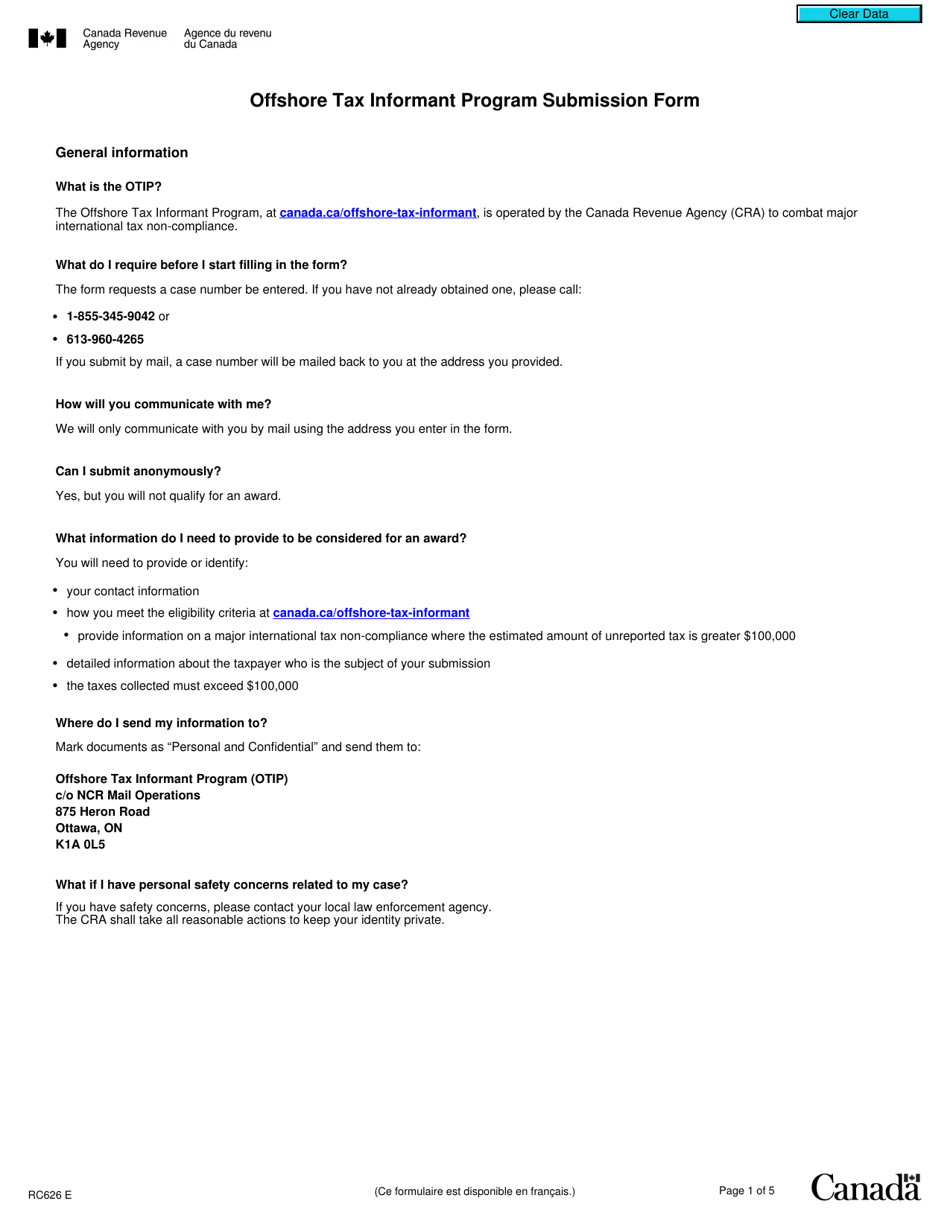 Form RC626 Offshore Tax Informant Program Submission Form - Canada, Page 1