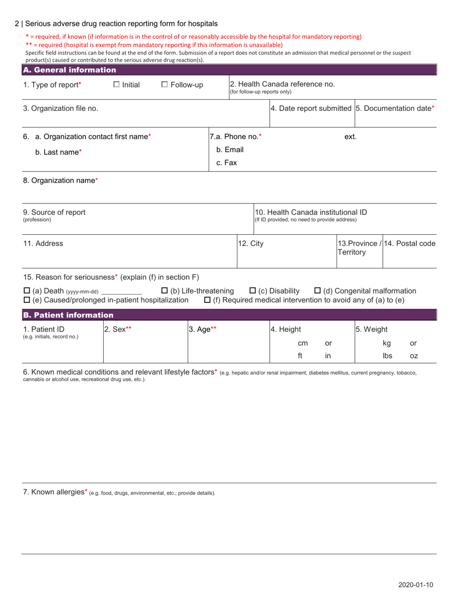 Serious Adverse Drug Reaction Reporting Form for Hospitals - Canada, Page 2