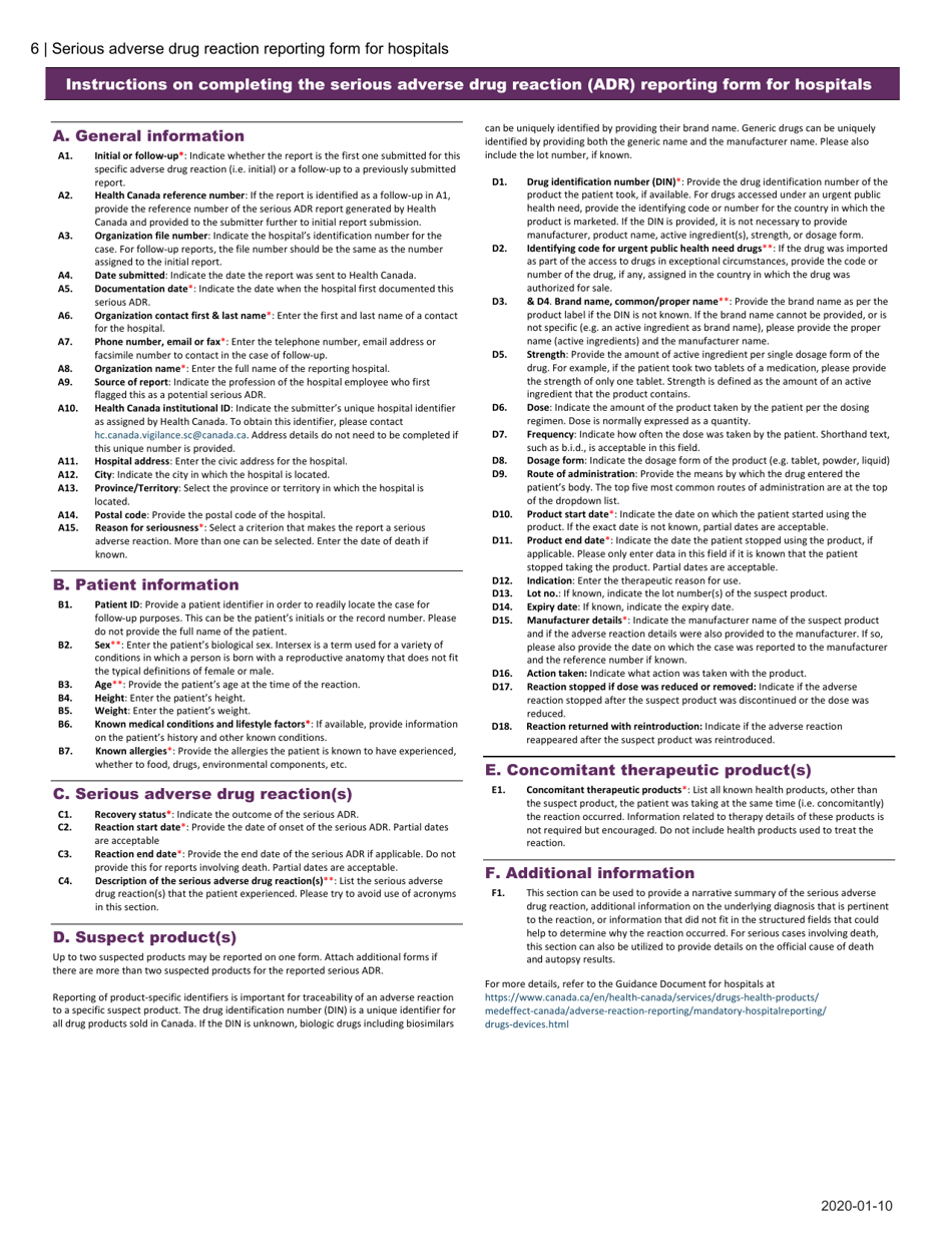 Canada Serious Adverse Drug Reaction Reporting Form For Hospitals 