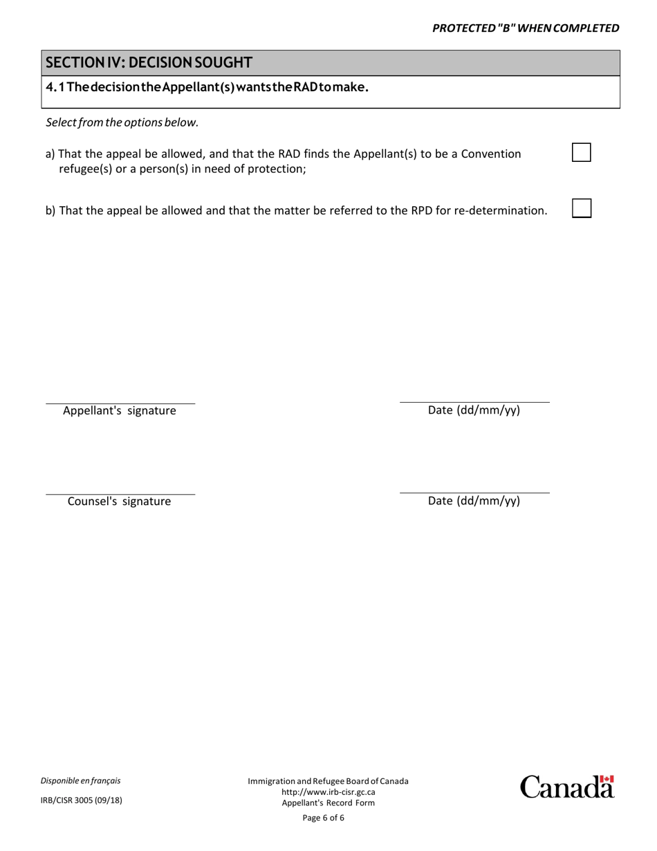 Form IRB / CISR3005 Appellants Record Pursuant to Rule 3 of the Refugee Appeal Division Rules - Canada, Page 10