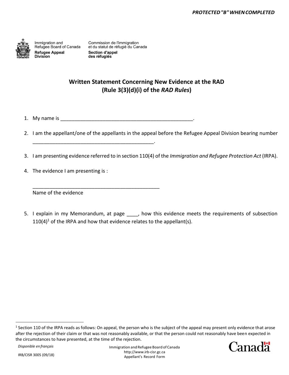 Form IRB / CISR3005 Appellants Record Pursuant to Rule 3 of the Refugee Appeal Division Rules - Canada, Page 3