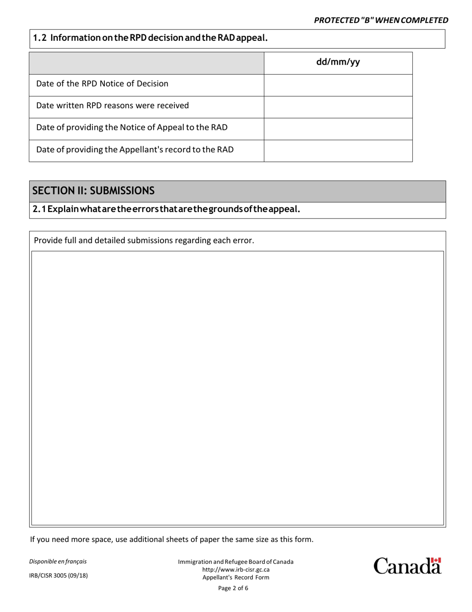 Form IRB / CISR3005 Appellants Record Pursuant to Rule 3 of the Refugee Appeal Division Rules - Canada, Page 6