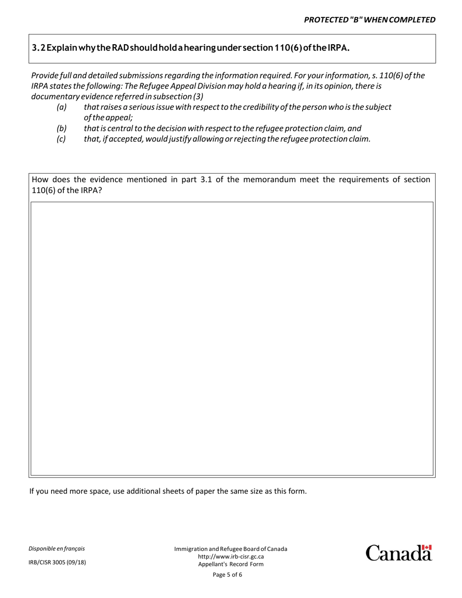 Form IRB / CISR3005 Appellants Record Pursuant to Rule 3 of the Refugee Appeal Division Rules - Canada, Page 9