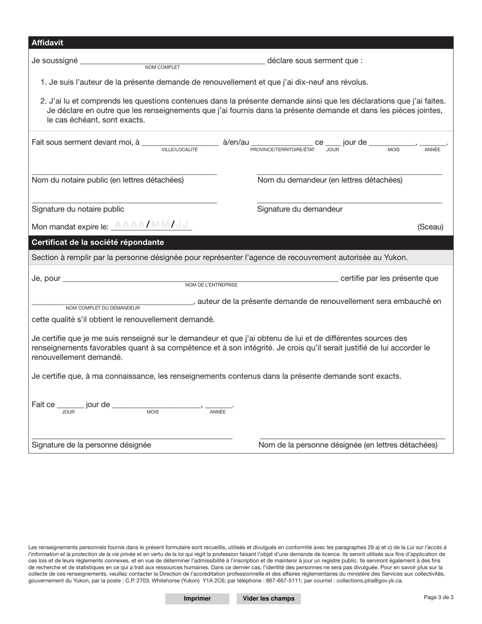 Forme YG5310 Renouvellement De Licence Demploye Dune Agence De Recouvrement - Yukon, Canada (French), Page 4