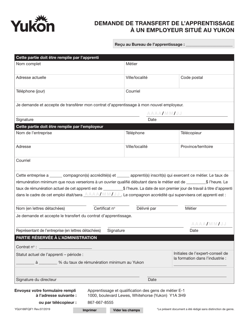 Forme YG4166 Demande De Transfert De Lapprentissage a Un Employeur Situe Au Yukon - Yukon, Canada (French), Page 1