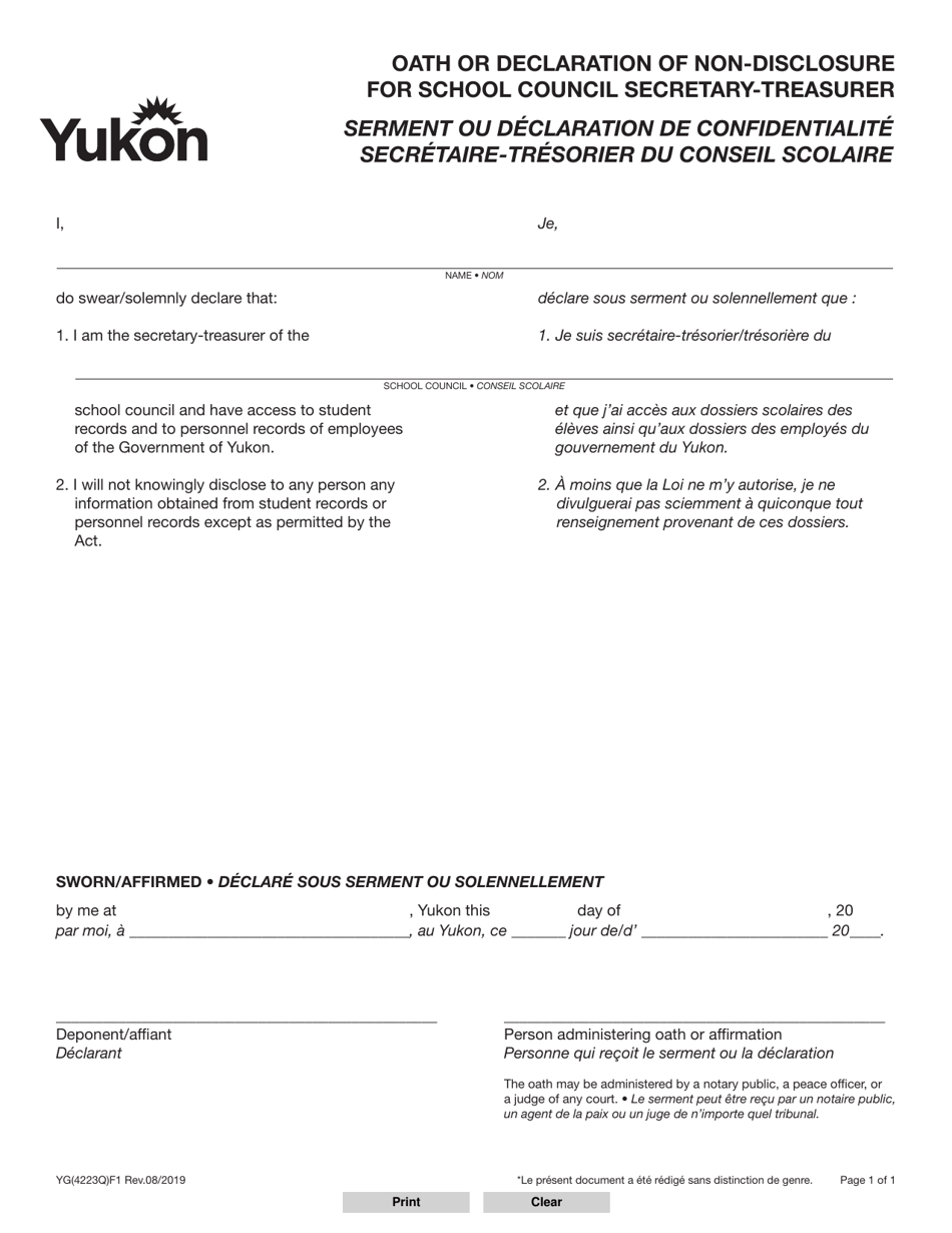 Form YG4223 Oath or Declaration of Non-disclosure for School Council Secretary-Treasurer - Yukon, Canada (English / French), Page 1