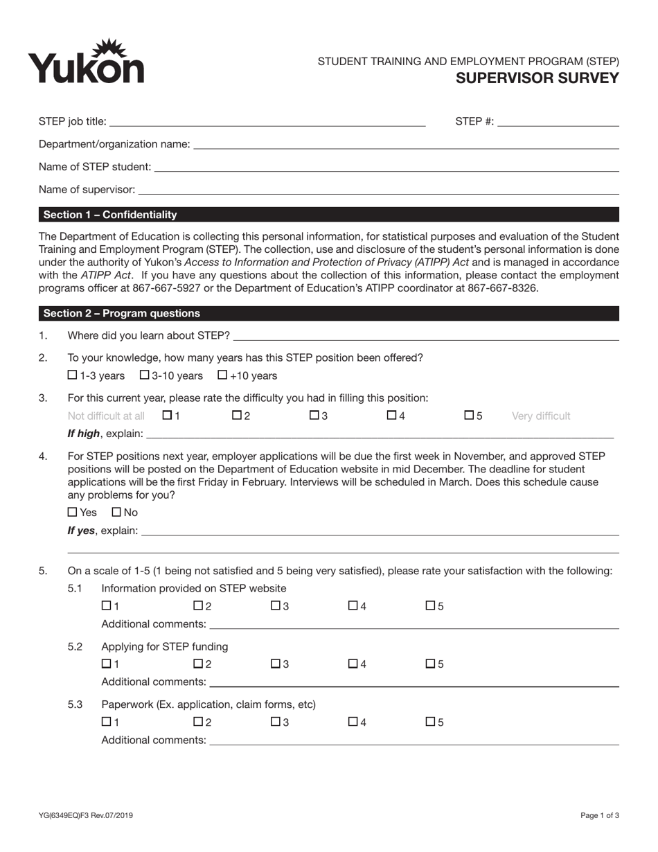 Form YG6349 Supervisor Survey for the Student Training and Employment Program (Step) - Yukon, Canada, Page 1