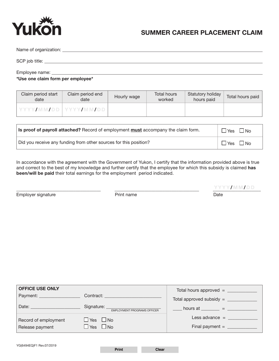Form YG6494 Summer Career Placement Claim - Yukon, Canada, Page 1