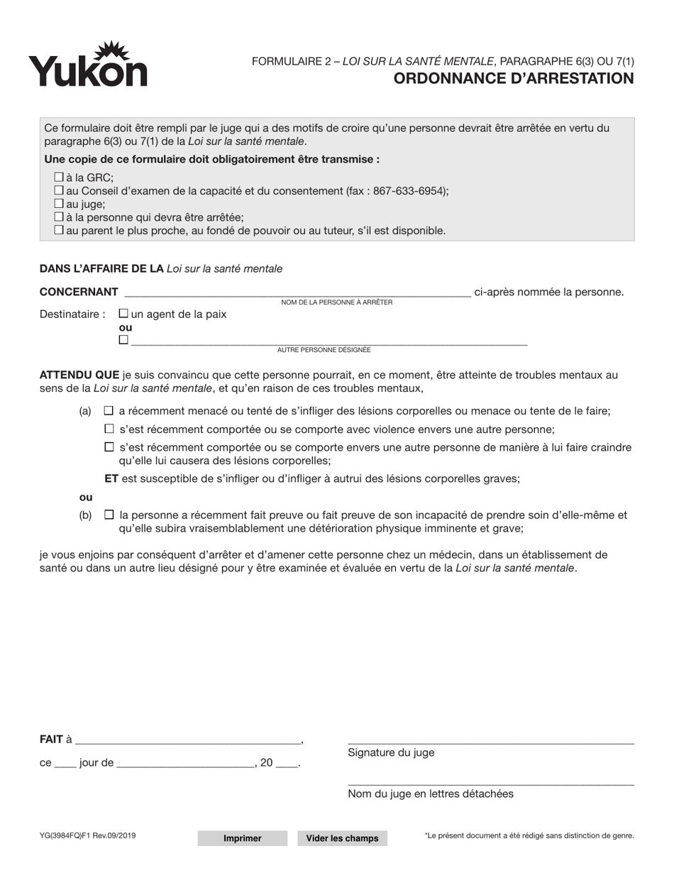 Forme 2 (YG3984) Ordonnance Darrestation - Yukon, Canada (French), Page 1