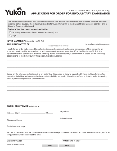 Form 1 (YG3983) Application for Order for Involuntary Examination - Yukon, Canada