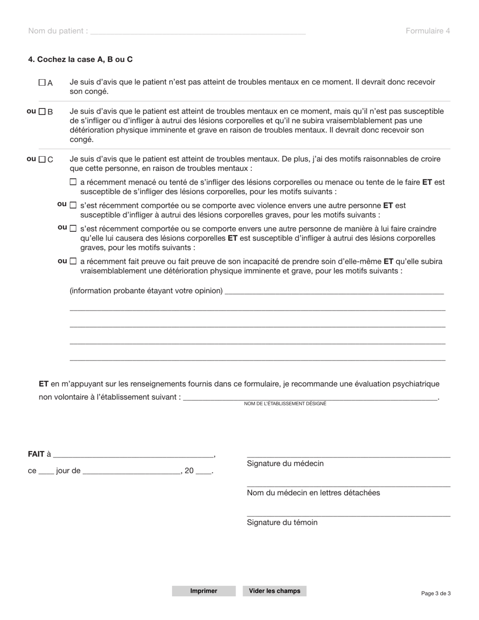 Forme 4 (YG3986) Recommandation Devaluation Psychiatrique Non Volontaire (Medecin) - Yukon, Canada (French), Page 3