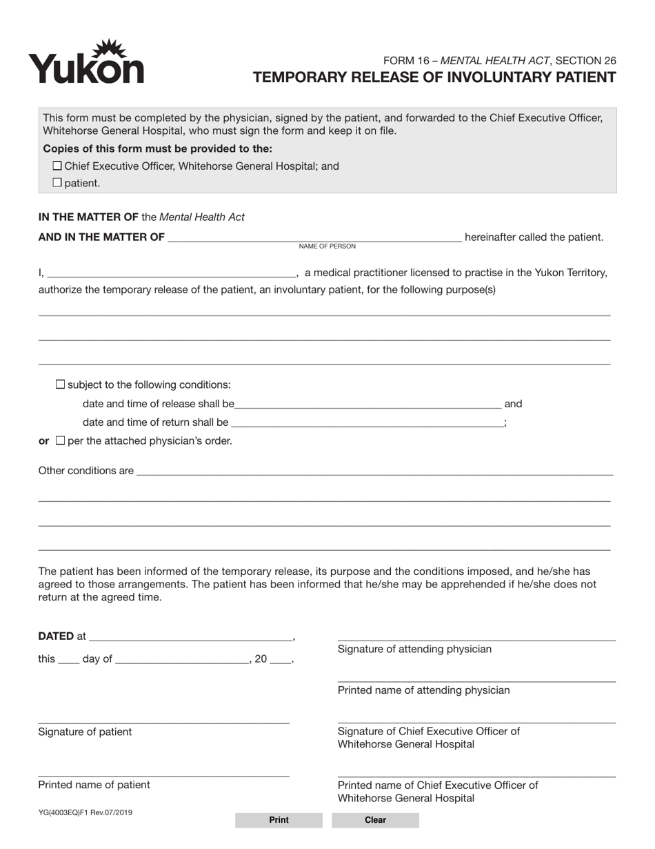 Form 16 (YG4003) Temporary Release of Involuntary Patient - Yukon, Canada, Page 1