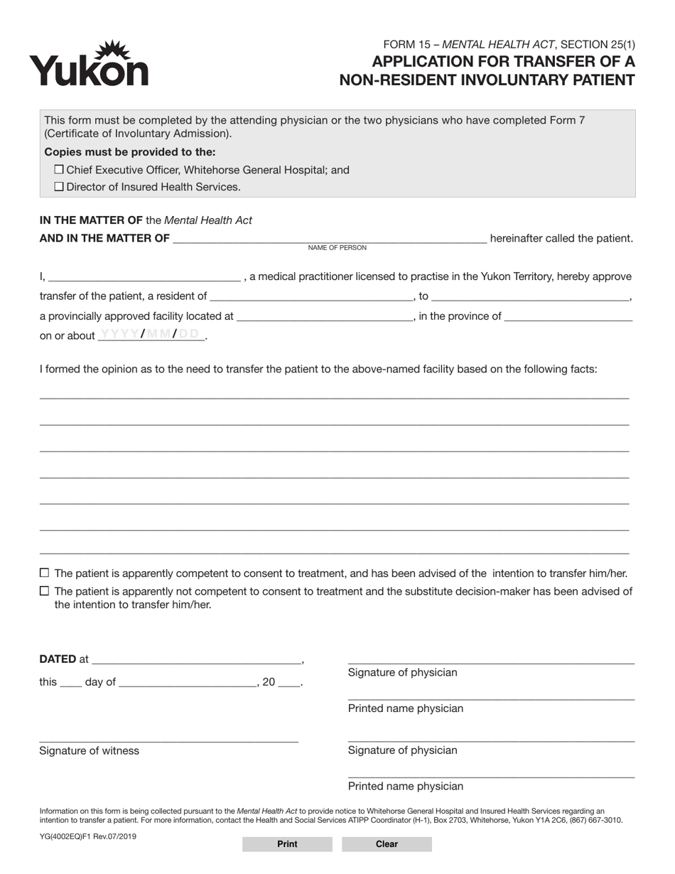 Form 15 (YG4002) Application for Transfer of a Non-resident Involuntary Patient - Yukon, Canada, Page 1