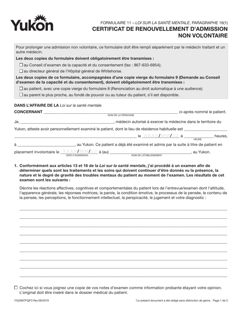 Forme 11 (YG3997) Certificat De Renouvellement D'admission Non Volontaire - Yukon, Canada (French)