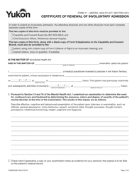 Form 11 (YG3997) Certificate of Renewal of Involuntary Admission - Yukon, Canada
