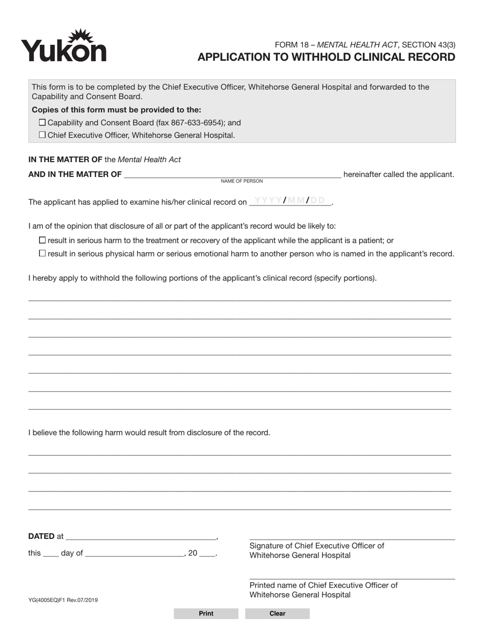 Form 18 (YG4005) Application to Withhold Clinical Record - Yukon, Canada, Page 1