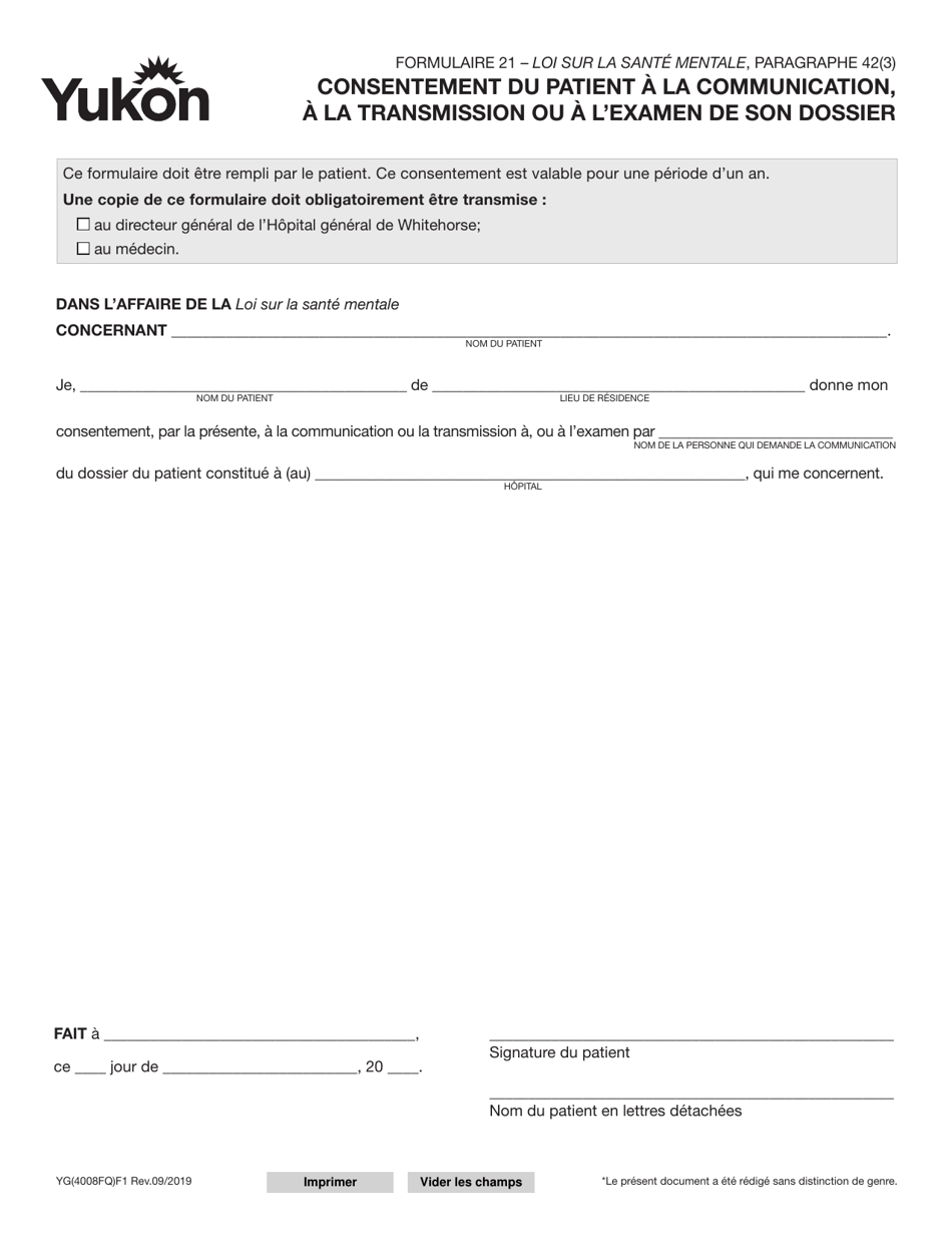 Forme 21 (YG4008) Consentement Du Patient a La Communication, a La Transmission Ou a Lexamen De Son Dossier - Yukon, Canada (French), Page 1