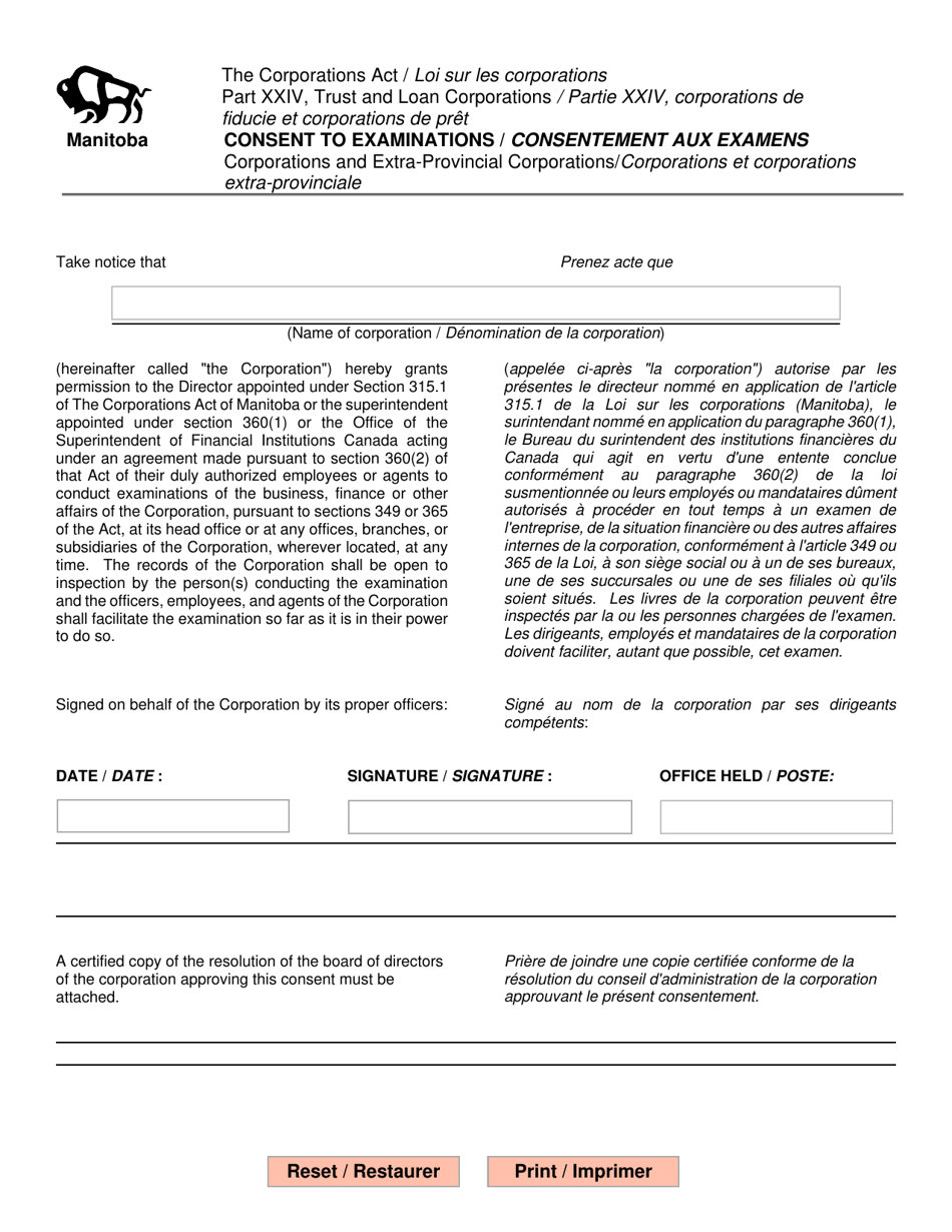 Consent to Examinations - Manitoba, Canada (English / French), Page 1