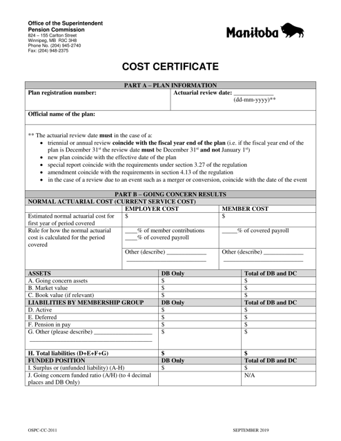 Form OSPC-CC-2011 Cost Certificate - Manitoba, Canada