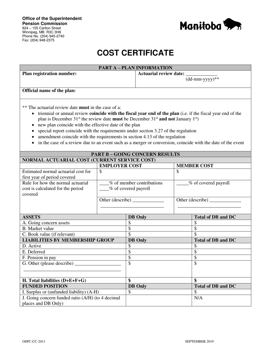 Form OSPC-CC-2011 Cost Certificate - Manitoba, Canada, Page 1