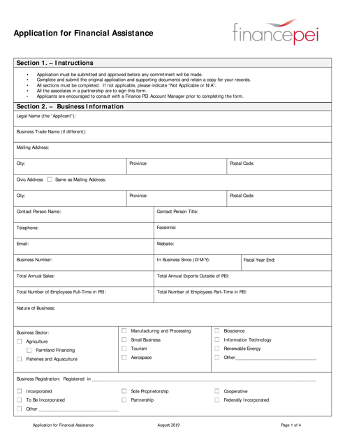 Application for Financial Assistance - Prince Edward Island, Canada Download Pdf