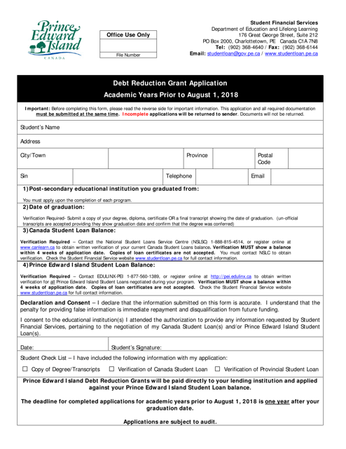 Debt Reduction Grant Application - Academic Year Prior to August 1, 2018 - Prince Edward Island, Canada Download Pdf