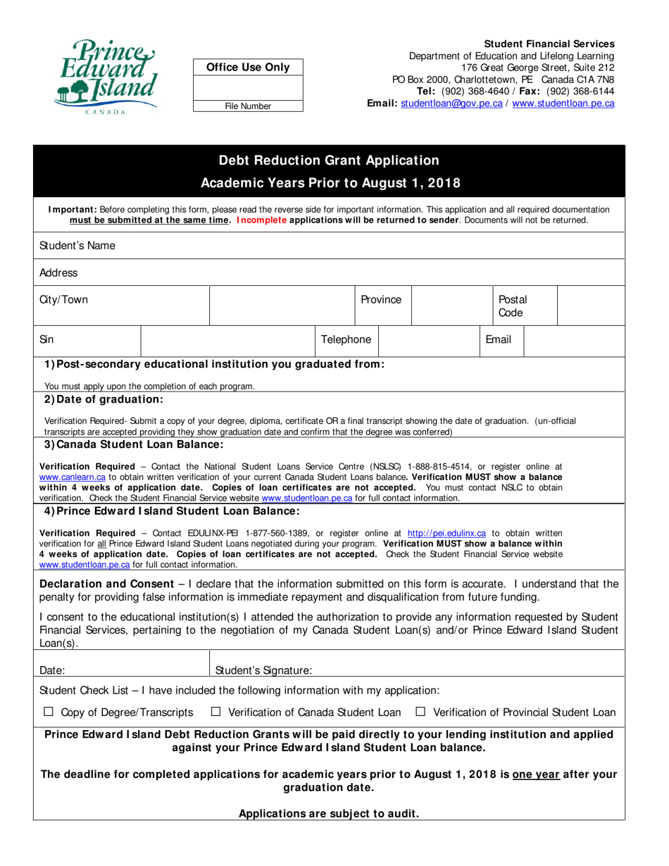 Debt Reduction Grant Application - Academic Year Prior to August 1, 2018 - Prince Edward Island, Canada, Page 1