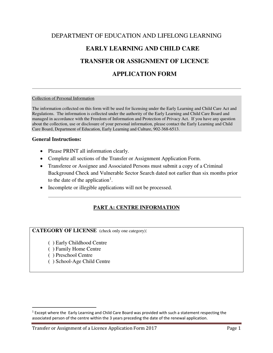 Early Learning and Child Care Transfer of Assignment of Licence Application Form - Prince Edward Island, Canada, Page 1