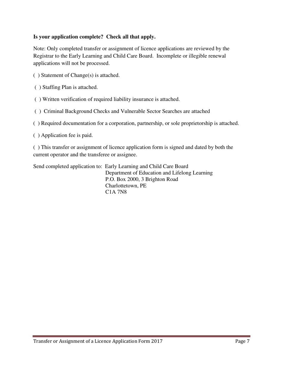 Early Learning and Child Care Transfer of Assignment of Licence Application Form - Prince Edward Island, Canada, Page 7