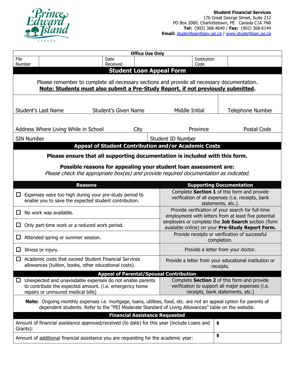 Student Loan Appeal Form - Prince Edward Island, Canada, Page 1