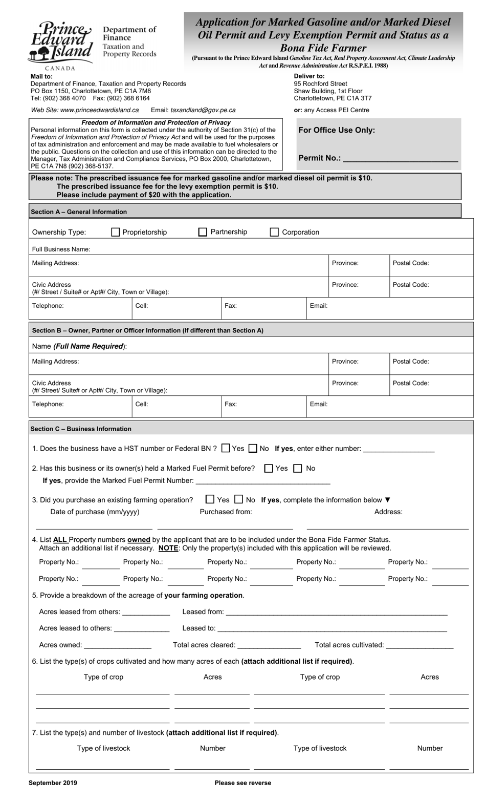 Application for Marked Gasoline and / or Marked Diesel Oil Permit and Levy Exemption Permit and Status as a Bona Fide Farmer - Prince Edward Island, Canada, Page 1