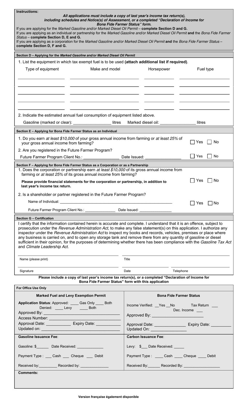 Application for Marked Gasoline and / or Marked Diesel Oil Permit and Levy Exemption Permit and Status as a Bona Fide Farmer - Prince Edward Island, Canada, Page 2
