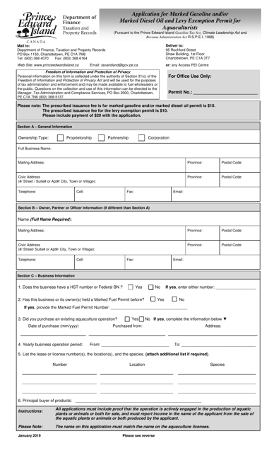 &quot;Application for Marked Gasoline and/or Marked Diesel Oil and Levy Exemption Permit for Aquaculturists&quot; - Prince Edward Island, Canada Download Pdf