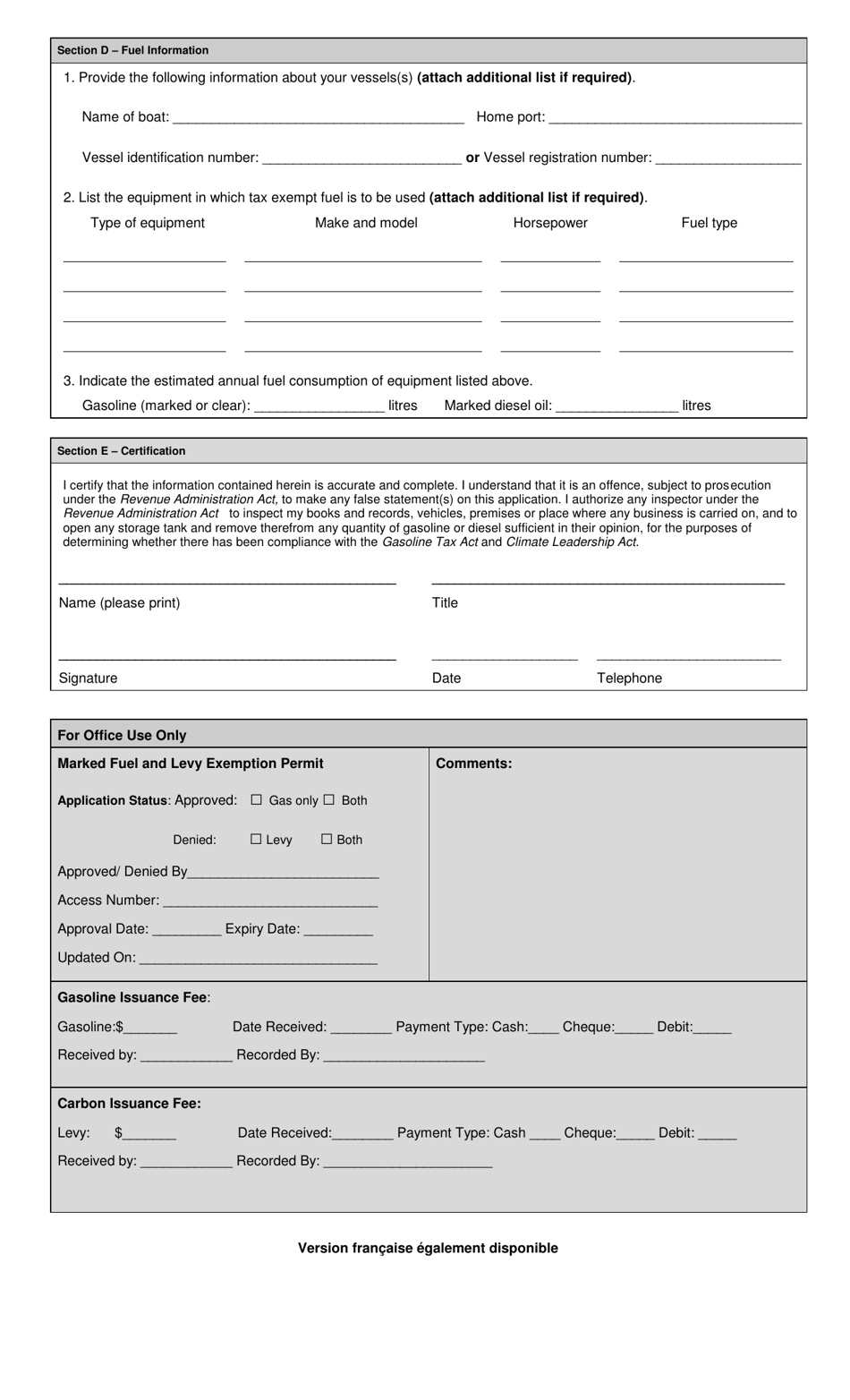 Application for Marked Gasoline and / or Marked Diesel Oil and Levy Exemption Permit for Aquaculturists - Prince Edward Island, Canada, Page 2