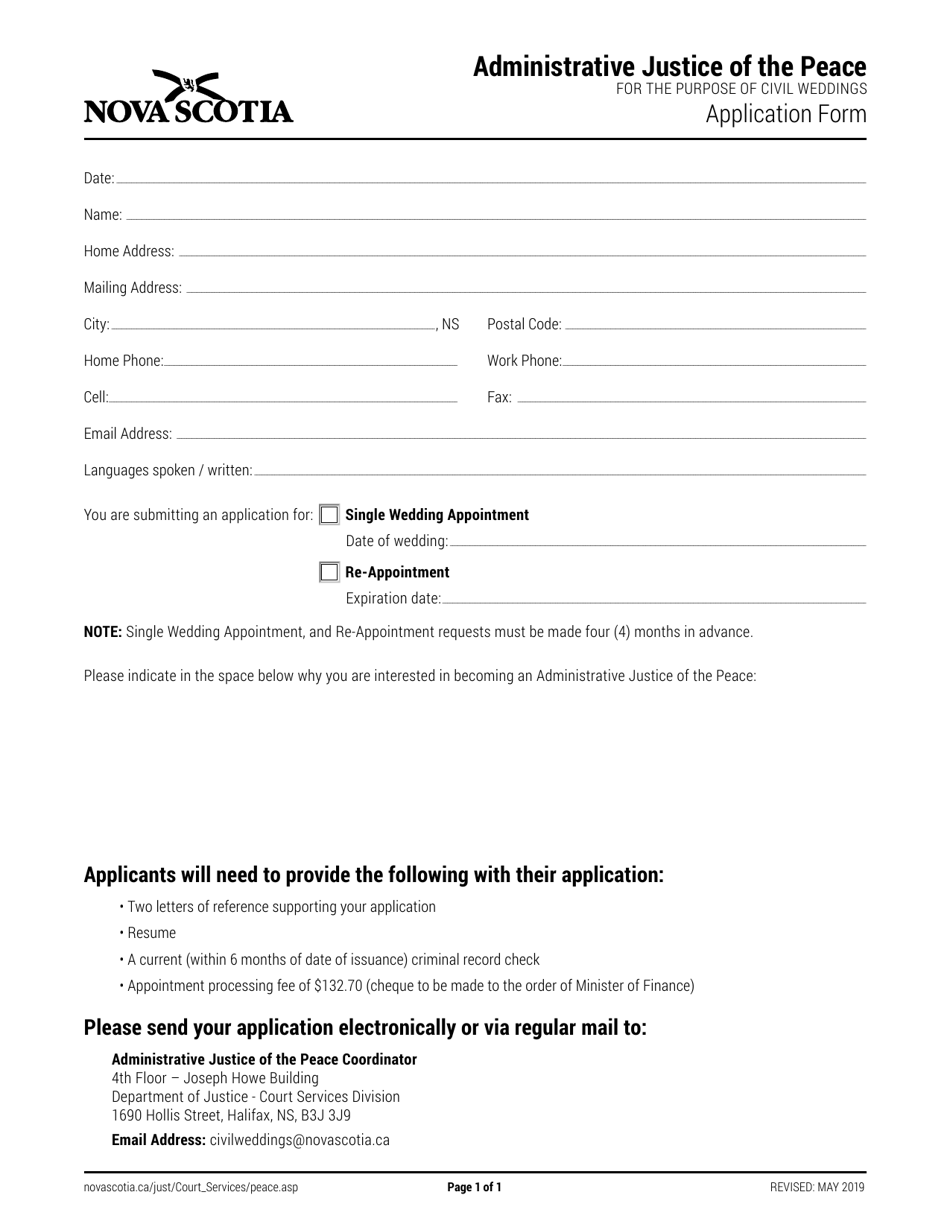 Administrative Justice of the Peace Application Form - Nova Scotia, Canada, Page 1