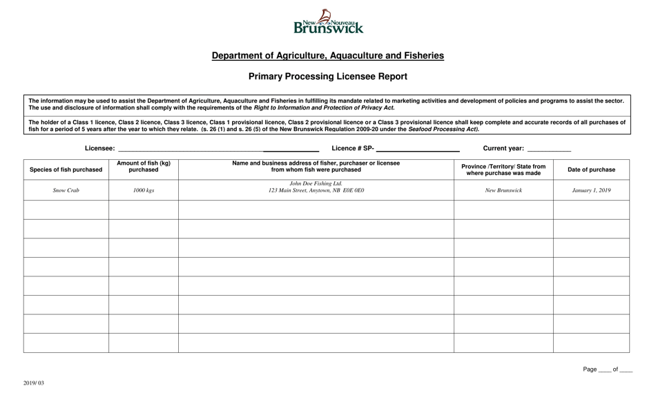 Primary Processing Licensee Report - New Brunswick, Canada, Page 1