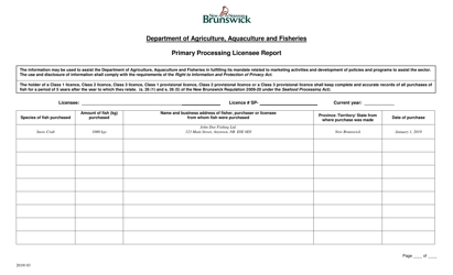 &quot;Primary Processing Licensee Report&quot; - New Brunswick, Canada