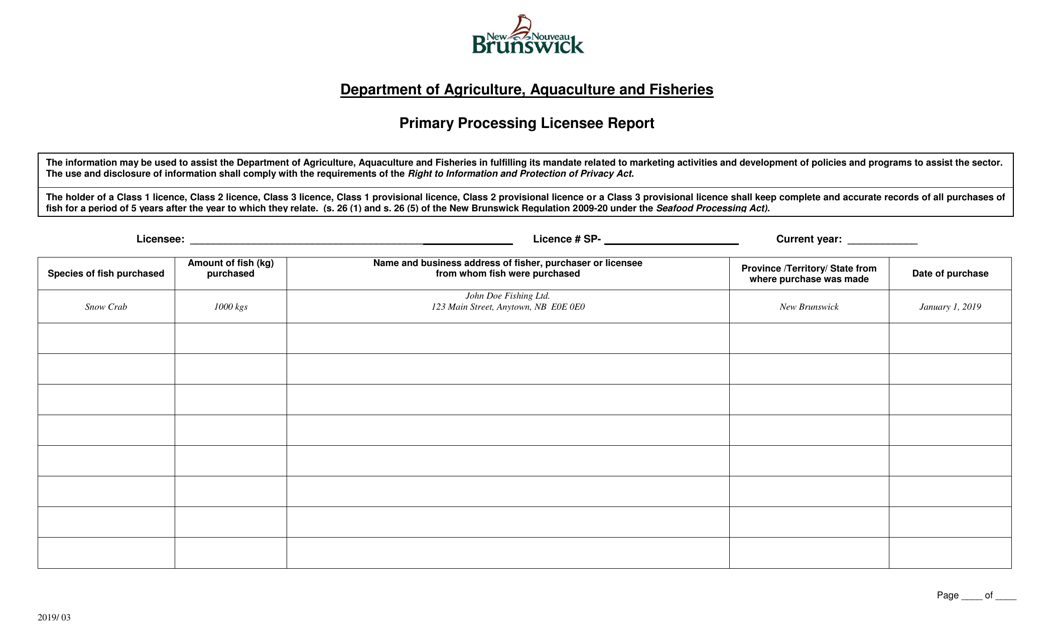 Primary Processing Licensee Report - New Brunswick, Canada Download Pdf