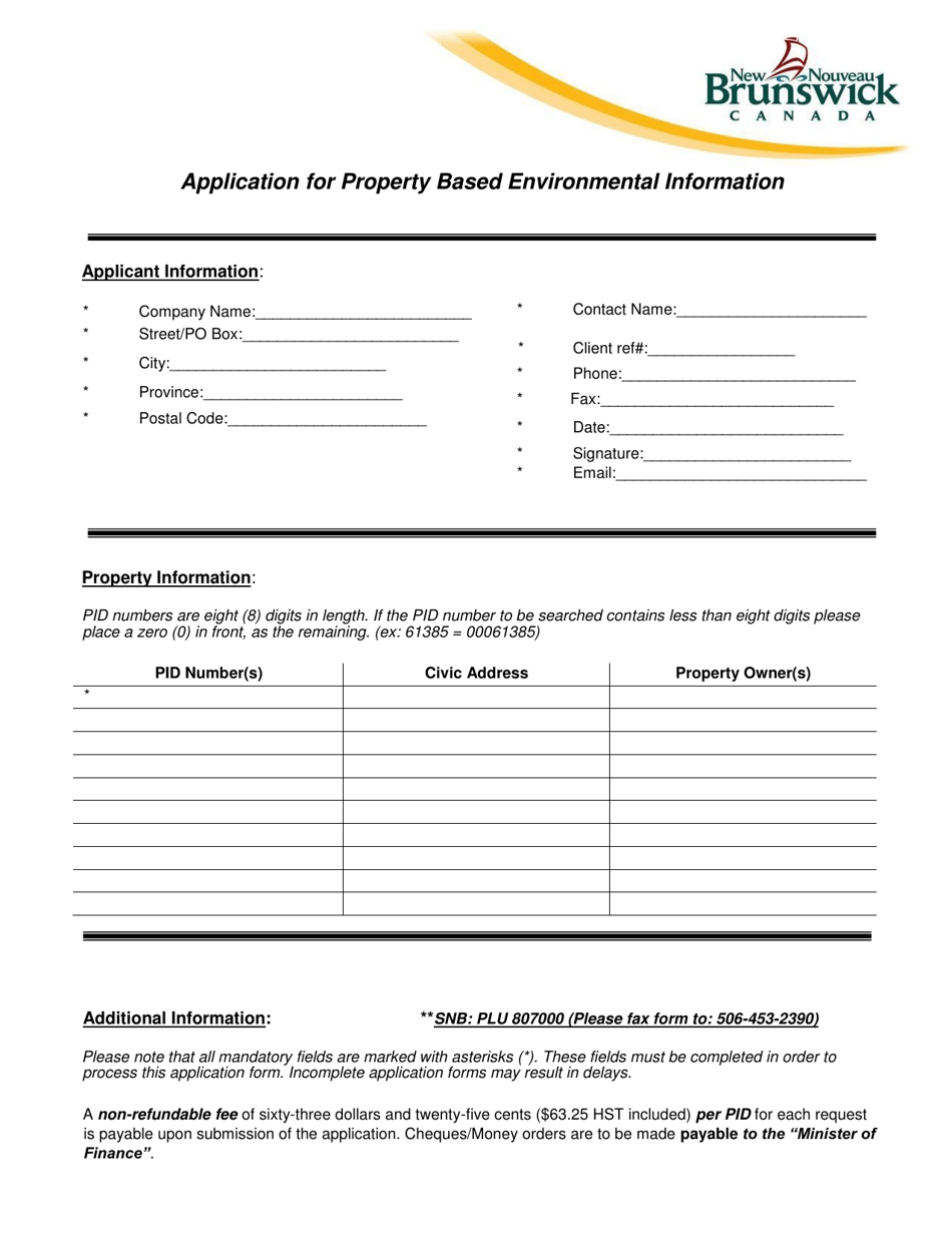 Application for Basic Property-Based Environmental Information - New Brunswick, Canada, Page 1