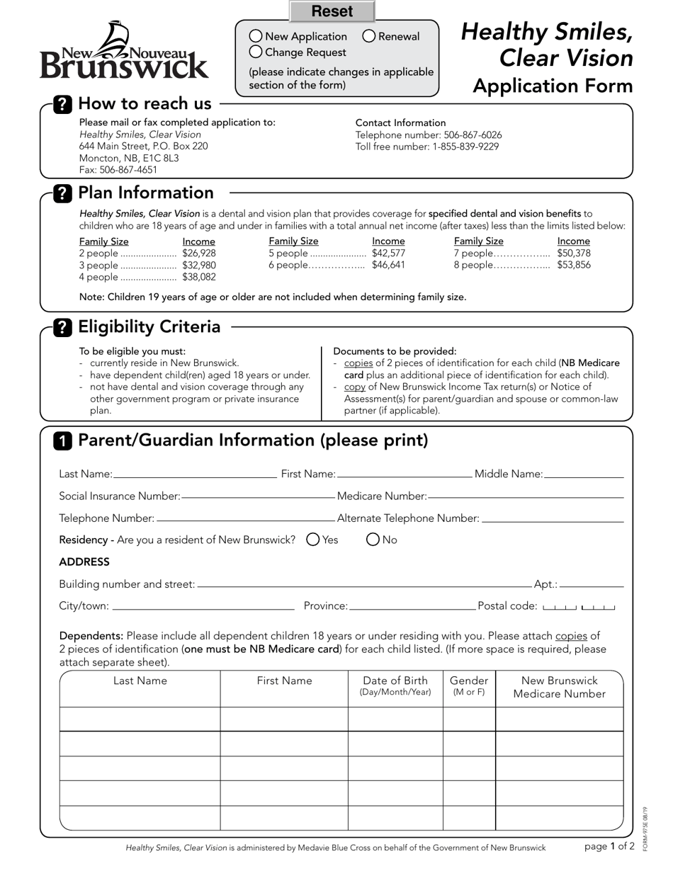 Form 975E Healthy Smiles, Clear Vision Application Form - New Brunswick, Canada, Page 1