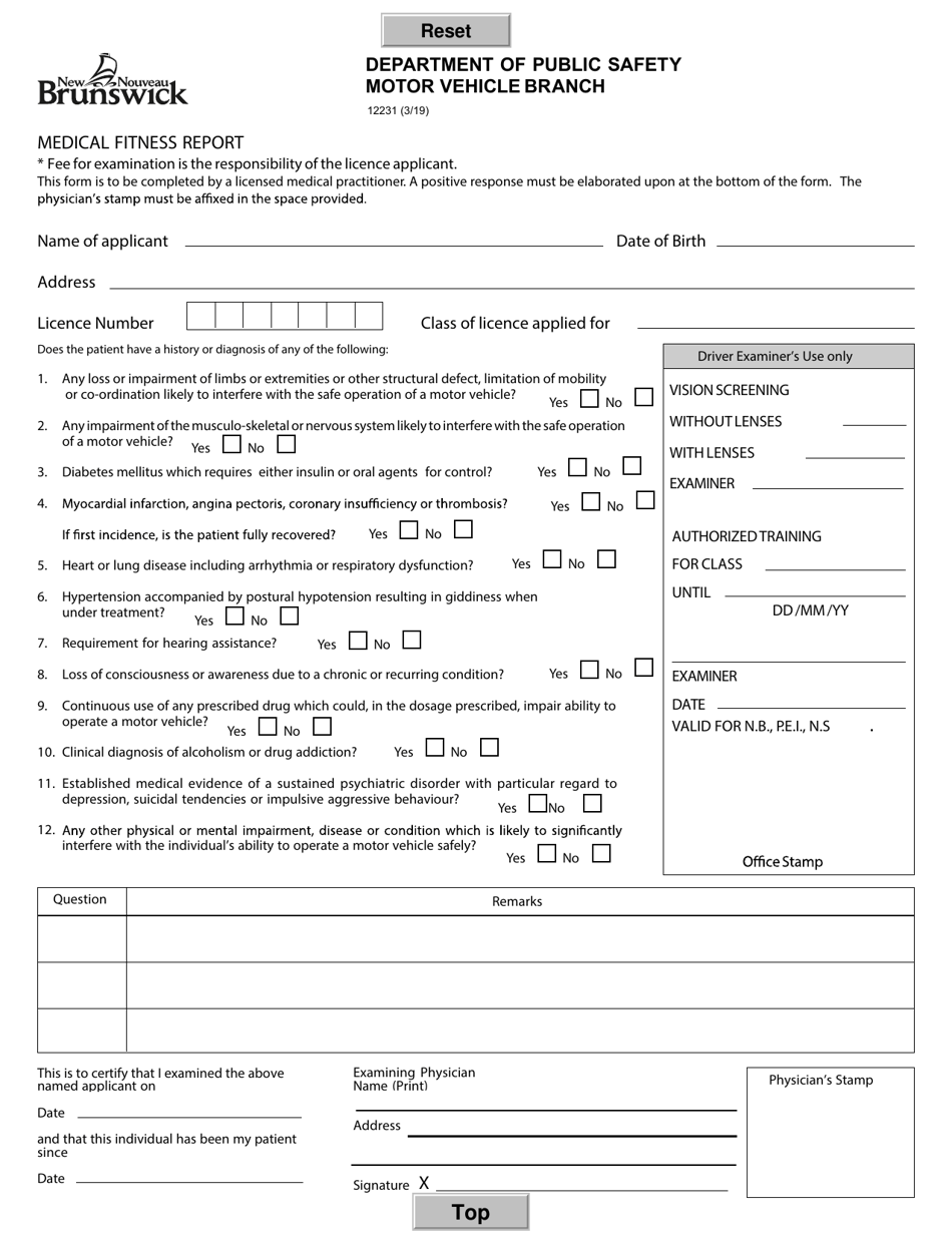 Form 12231 Medical Fitness Report - New Brunswick, Canada, Page 1