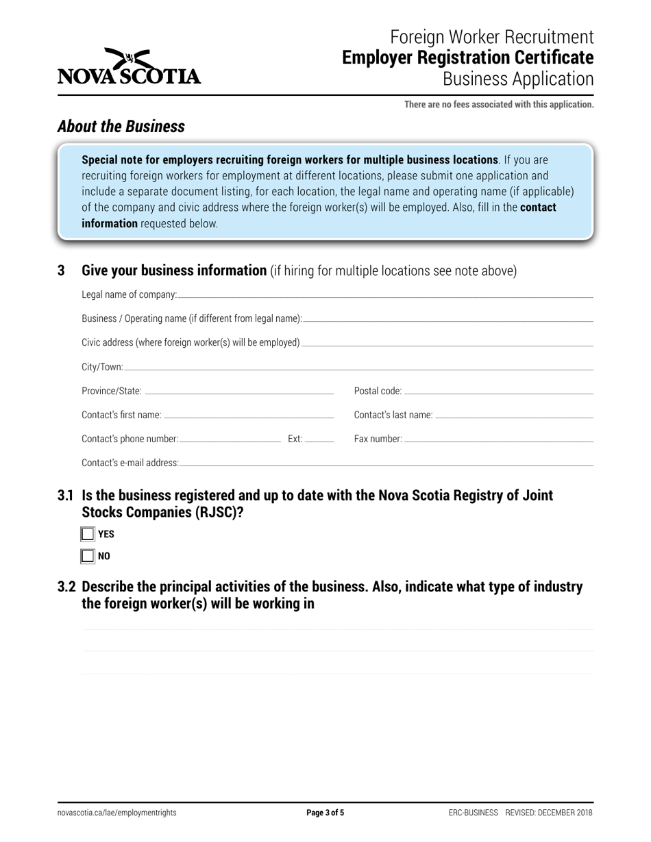 Foreign Worker Recruitment Employer Registration Certificate Business Application - Nova Scotia, Canada, Page 3