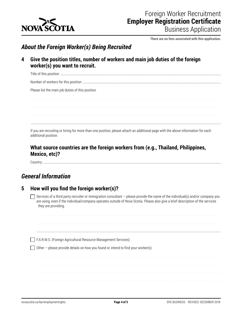 Foreign Worker Recruitment Employer Registration Certificate Business Application - Nova Scotia, Canada, Page 4