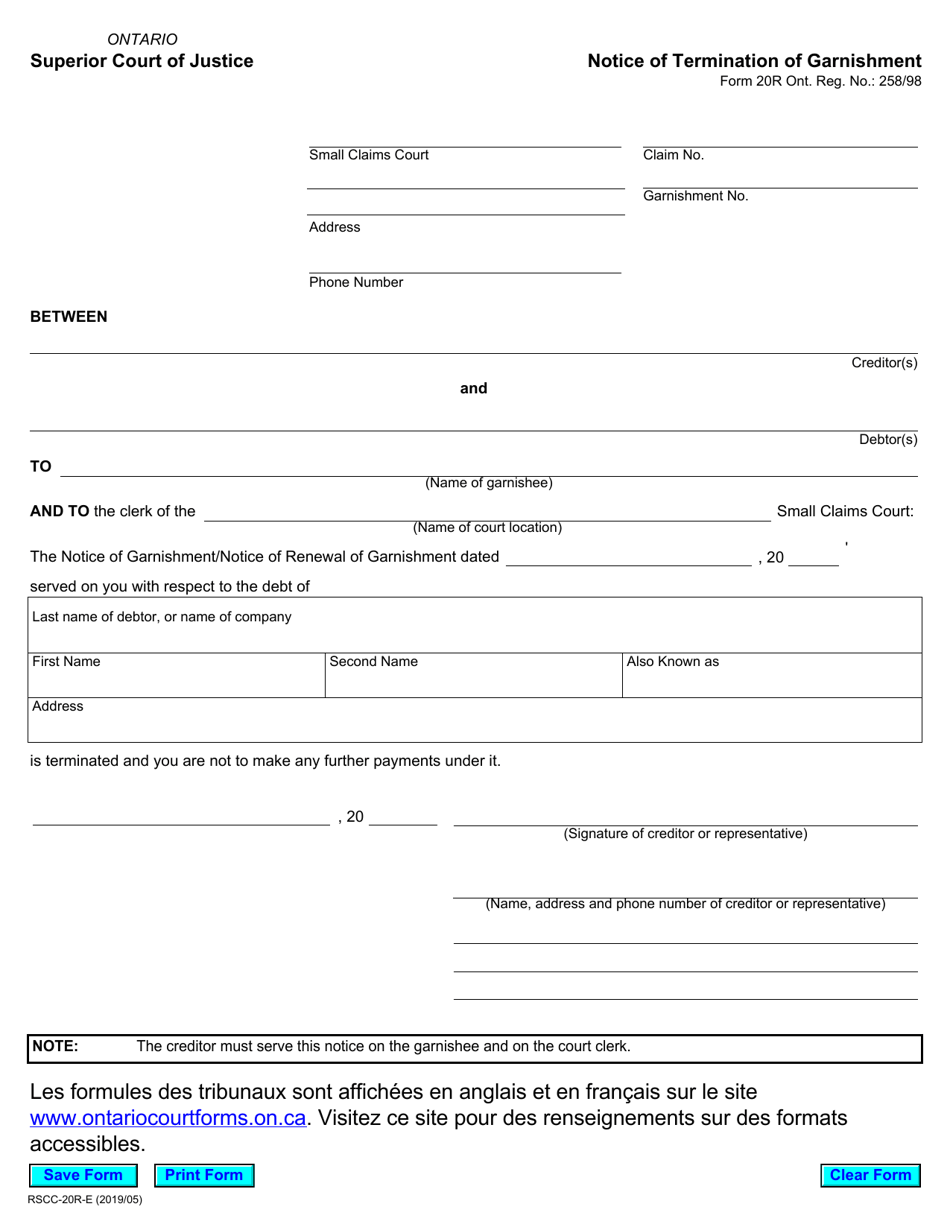 Form 20R Notice of Termination of Garnishment - Ontario, Canada, Page 1