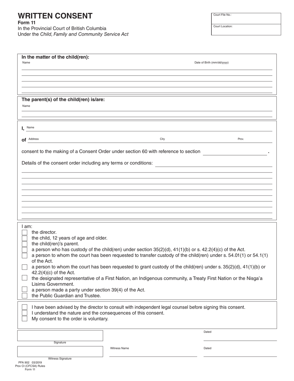 CFCSA Form 11 (PFA902) Written Consent - British Columbia, Canada, Page 1