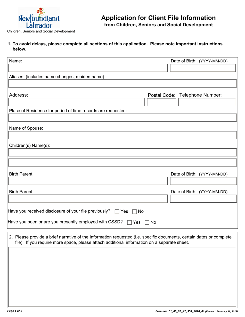 Form 51_08_07_42_354_2016_01 Application for Client File Information From Children, Seniors and Social Development - Newfoundland and Labrador, Canada, Page 1