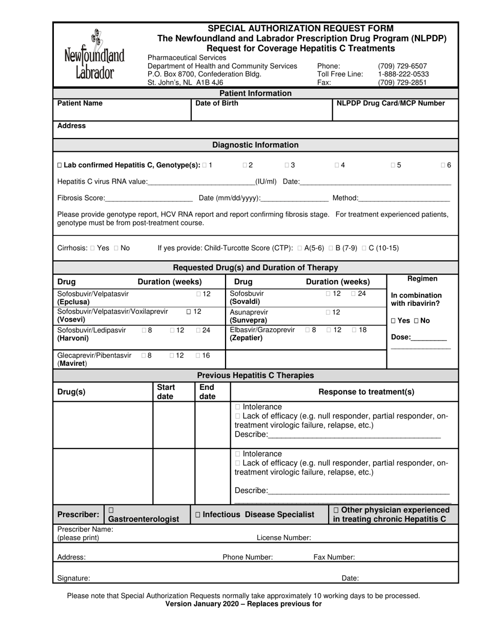 Special Authorization Request Form - Request for Coverage Hepatitis C Treatments - Newfoundland and Labrador, Canada, Page 1